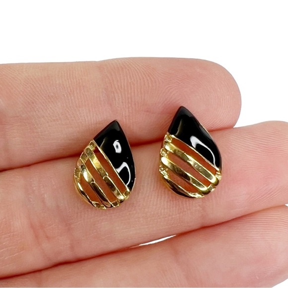 HR Stamped Gold Tone Black Enamel Teardrop Raindrop Pierced Earrings - Picture 6 of 9